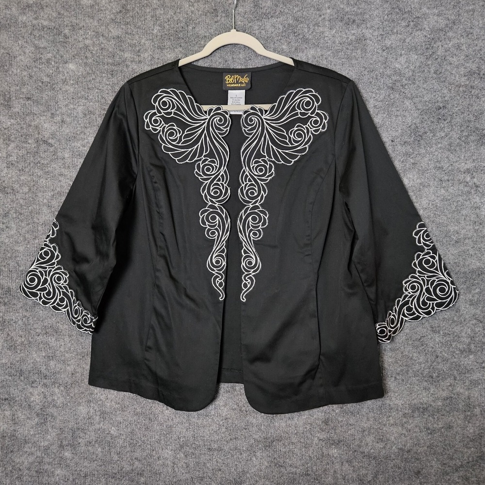 Bob Mackie Blazer Womens L Black Cotton Open Embroidered Swirl Wearable Art 90s